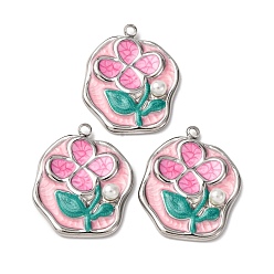 Oval 304 нержавеющей стальной эмали подвески, с абс пластмассовыми жемчужными бисером, цветок, овальные, 24.5x20.5x4.5 мм, отверстие : 1.8 мм