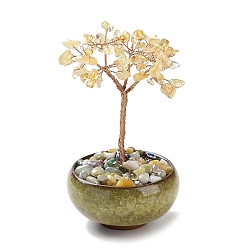 Yellow Quartz Natural Yellow Quartz Chips Tree Decorations, Ceramic Bowl Base Copper Wire Feng Shui Energy Stone Gift for Home Desktop Decoration, 67~70x110~115mm