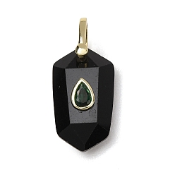 Obsidian Natural Obsidian Pendants, Faceted Hexagon Charms with Brass Micro Pave Cubic Zirconia Findings, Golden, 32.5x14.5x9mm, Hole: 4.5x6.5mm