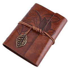 Coconut Marrón Cuadernos con tapa de cuero pu, diario de viaje, con cuerda, colgantes de hojas y papel kraft, Rectángulo, coco marrón, 145x110 mm