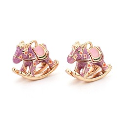 Серо-розавый Латунь эмаль подвески, лошадка прелести, реальный 18 k позолоченный, увядшая роза, 10x11.5x5~7 мм, отверстие : 1.2 мм