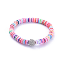 Platinum Handmade Polymer Clay Heishi Bead Stretch Bracelets, with Brass Micro Pave Clear Cubic Zirconia Round Beads, Platinum, 2-1/4 inch(5.6cm)