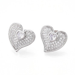 Платина Серьги-гвоздики из латуни в форме сердца с прозрачным фианитом и паве, платина, 17.5x18.5 мм