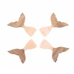 Light Salmon Opaque Resin & Walnut Wood Pendants, Mermaid Fishtail Shape, Light Salmon, 39x28x3mm, Hole: 2mm