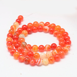 Dark Orange Natural Striped Agate/Banded Agate Bead Strands, Round, Grade A, Dyed & Heated, Dark Orange, 6mm, Hole: 1mm, about 62~63pcs/strand, 14.5 inch