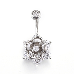 Platin Farbe Piercing-Schmuck, kubischer Zirkiona-Nabelring aus Messing, Bauchringe, mit 304 Edelstahlleiste, Rose, Platin Farbe, 27x14 mm, Stange: 15 Spurweite(1.5mm), Stangenlänge: 3/8"(10mm)