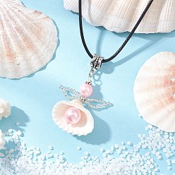 Pink Ожерелья с подвесками в виде ракушек, ангел, с бусинами из стеклянного жемчуга и вощеным хлопковым шнуром ожерелье для женщин, розовые, 17.52 дюйм (44.5 см)