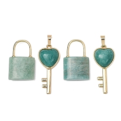 Amazonite Natural Amazonite Beaded Pendants, Lock and Key Charms, with Golden Brass Findings, 31.5~32.5x20~20.5x7.5mm, Hole: 11x12mm