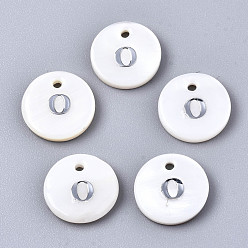 Letter O Natural Freshwater Shell Pendants, with Platinum Plated Iron Etched Metal Embellishments, Flat Round with Initial Letter, White, Letter.O, 11x2mm, Hole: 1.5mm
