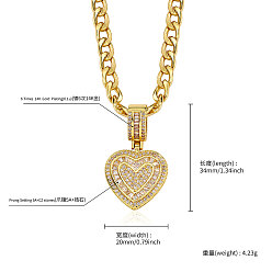 Золотой Латунные микропаве из прозрачных кубических цирконий с подвеской в виде сердца, витая цепочка для женщин, золотые, 19.69 дюйм (50 см), Кулон : 34x20 мм