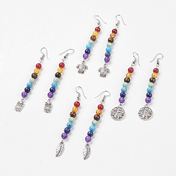 Смешанные камни Драгоценные камни чакры свисающие серьги, С латунными крючками для серьги и подвесками из сплава, разнообразные, 82~88 мм, pin: 0.6 мм, подвеска: 15~22x7~17x1.5~3 мм