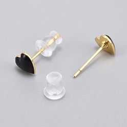 Black Brass Enamel Stud Earrings, with Plastic Ear Nuts, Long-Lasting Plated, Heart, Real 18K Gold Plated, Black, 6x6.5mm, Pin: 1mm