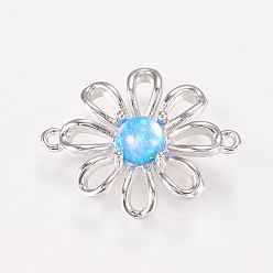 Темно-Голубой Латунные соединители звеньев цветка, с синтетическими опальными тычинками, с покрытием платиным, глубокое синее небо, 19x15.5x3.5 мм, отверстие : 1.2 мм