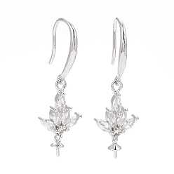 Platinum Anti-Tarnish Rhodium Plated 925 Sterling Silver Earring Hooks, with Cubic Zirconia, Lotus, for Half Drilled Beads, Platinum, 30mm, 21 Gauge, Pin: 0.7mm, Pin: 0.6mm, Tray: 6x3mm