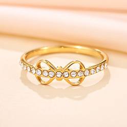 Bowknot 201 Stainless Steel Rhinestone Finger Rings, Real 18K Gold Plated, Bowknot, US Size 7(17.3mm)