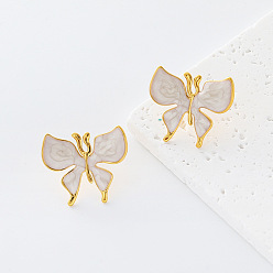 White 304 Stainless Steel Enamel Butterfly Stud Earrings for Women, Golden, White, 23x27mm
