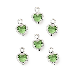 Желто-Зеленый Стеклянные подвески в форме сердца из латуни, без кадмия и без свинца, стойки покрытие, долговечный, граненые, серебряные, желто-зеленый, 7.5x5.5x2 мм, отверстие : 1 мм