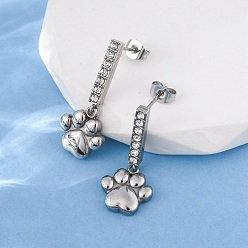Нержавеющая Сталь Цвет 304 из нержавеющей стали болтаться серьги, со стразами, отпечаток лапы, цвет нержавеющей стали, 29x12 мм