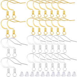 Золотой & Серебряный 500шт 2 цвета латунь французские крючки для сережек, плоские крючки для серег, провод уха, с горизонтальной петлей и пластиковыми ушными гайками 500шт., без никеля , золотой и серебряный, 17 мм, отверстие : 2 мм, 21 датчик, штифты : 0.7 мм