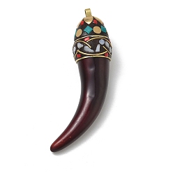 Dark Red Brass & Resin & Polymer Clay & Natural Shell Big Pendants, Horn Cornicello Charm, Dark Red, 91~93.5x22.5~24x23.5~24.5mm, Hole: 4~4.5x4.5~5mm