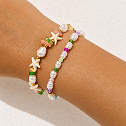 Couleur Mélangete Ensembles extensibles de perles d'imitation, de pierres précieuses et de rocailles pour l'été, parfaits pour la plage, bracelets empilables réglables, étoiles de mer, couleur mixte, 6.69 pouces (17 cm) et 6.89 pouces (17.5 cm), 2 pièces / kit