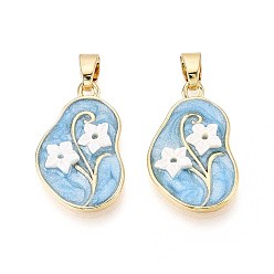 Светло-Голубой Латунь эмаль подвески, cmолой, слеза и цветок, реальный 18 k позолоченный, Небесно-голубой, 23x14x3.5 мм, отверстие : 5.5x2.5 мм
