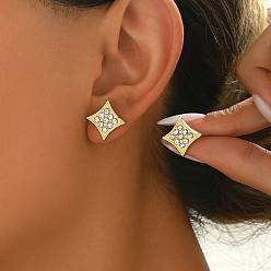 Rhombus Элегантные латунные серьги-гвоздики, со стразами, реальный 18 k позолоченный, ромб, 12 мм