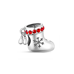 Platinum Christmas Stocking Rhodium Plated 925 Sterling Silver European Beads, Large Hole Beads, with Cubic Zirconia, Platinum, 11.46x12.31x7mm, Hole: 4.36mm