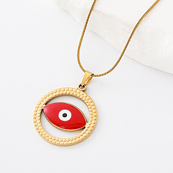 Red 304 Stainless Steel Enamel Evil Eye Pendant Necklaces for Men Women, Golden, Red, 15.75 inch(40cm)