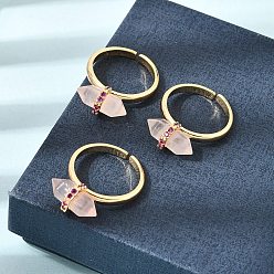 Rose Quartz Brass Micro Pave Cubic Zirconia Cuff Open Rings for Women, Bullet, with Natural Rose Quartz, Rack Plating, Long-Lasting Plated, Lead Free & Cadmium Free, Real 18K Gold Plated, US Size 7 1/4(17.5mm)