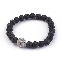 Lavastein Stretch-Armbänder aus natürlichem Lavastein, mit Messing-Zirkonia-Perlen, Runde, 2-1/8 Zoll (5.5 cm)