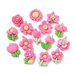 Ярко-Розовый Непрозрачные подвески смолы, цветочный шарм, с платиновым глазом, ярко-розовый, 26~33x16~25x6~12 мм, отверстие : 1.8~2 мм, 15 шт / пакет