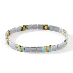 Светло-серый Браслеты из стеклянного бисера в богемном стиле, эластичные, для женщин., прямоугольные, светло-серый, 6.30 дюйм (16 см) ~ 6.50 дюйм (16.5 см)