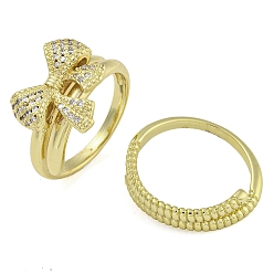 Золотой Открытая манжета с бантом, двойные кольца из латуни с микро паве, прозрачные фианиты, для женщин, золотые, размер США 8 1/2 (18.5 мм), 2 шт / комплект