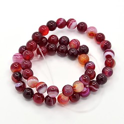 Dark Red Round Dyed Natural Striped Agate/Banded Agate Beads Strands, Dark Red, 8mm, Hole: 1mm, about 48pcs/strand, 15.2 inch