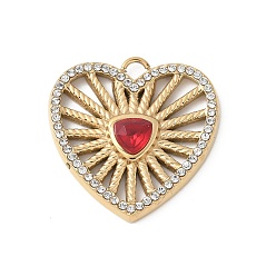 Настоящее золото 18K 304 из нержавеющей стали горный хрусталь подвески, со стеклом, сердце прелести, ионное покрытие (ip), малиновый, реальный 18 k позолоченный, 23x23x4 мм, отверстие : 2x1.5 мм