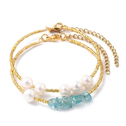 Apatite Plated Glass Bugle Beaded Bracelets Sets, Stackable Bracelets, with Chip Natural Apatite Beads, Natural Pearl Beads and 304 Stainless Steel Lobster Claw Clasps, Golden, Inner Diameter: 2 inch(5.2cm), 2pcs/Set