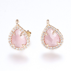 Pearl Pink Brass Micro Pave Cubic Zirconia Stud Earring Findings, with Loop, Cat Eye, Teardrop, Golden, Pearl Pink, 16.5mm, Hole: 1mm, Pin: 0.8mm