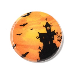 Плоский Круглый Акриловые бабошоны серии Хэллоуин, темно-оранжевый, дом с привидениями/замок, 25x3 мм