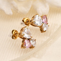 Настоящее золото 14K 304 серьги-гвоздики из нержавеющей стали с кристаллами и стразами, ионное покрытие (ip), сердце, реальный 14 k позолоченный, 14x13 мм