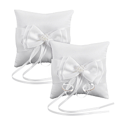 Белый Квадратная полиэстеровая подушечка для демонстрации обручальных колец с пластиковыми жемчужинами в форме цветка, белые, 9.3x9.3x4.3 см