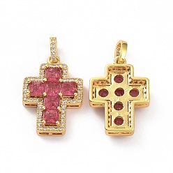 Cerise Brass Micro Pave Clear Cubic Zirconia Pendants, Cross, Religion, Cerise, 24x17x5mm, Hole: 3.5x5~5.5mm