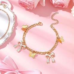 Голубой 304 из нержавеющей стали Фигаро цепи браслеты, латунные филигранные и эмалевые подвески из сплава с подвесками-браслетами для женщин, бабочка и бантик, голубой, 7-1/4 дюйм (18.4 см)