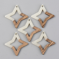 Floral White Opaque Resin & Walnut Wood Pendants, Star, Floral White, 29.5x29.5x3mm, Hole: 2mm