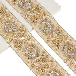 Antique White 5Yards Flower Pattern Ethnic Style Embroidery Floral Polyester Ribbons, Jacquard Ribbon, Tyrolean Ribbon, Garment Accessories, Antique White, 3~3-1/8 inch(75~78mm)