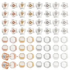 Mixed Color 64Pcs 8 Styles Silicone Ear Nuts, Earring Backs, with Brass Findings, Star & Hexagon, Clear, Mixed Color, 6x6~7x4.5~5mm, Hole: 0.7mm, 8pcs/style