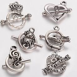 Antique Silver Tibetan Style Alloy Toggle Clasp Sets, Antique Silver, 15~25x11.5~16mm, Bar: 16~25mm, Hole: 1.5~2.5mm, 30sets/box