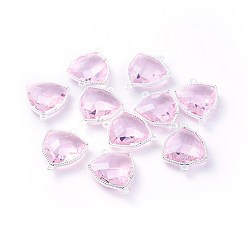 Pink Соединители стеклянные ссылки, с фурнитурой Berzel с открытой спиной из экологически чистого сплава, граненые, треугольные, серебряный цвет гальваническим, розовые, 24x19x7 мм, отверстие : 1.5 мм