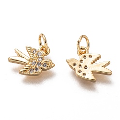 Golden Brass Micro Pave Clear Cubic Zirconia Charms, Long-Lasting Plated, with Jump Ring, Bird, Golden, 9x12x2mm, Hole: 3mm