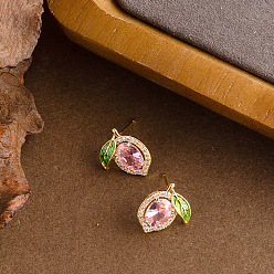 Бледно-Розовый Серьги-гвоздики из лимонной латуни с кубическим цирконием, с эмалью, золотые, розовый жемчуг, 15x13 мм